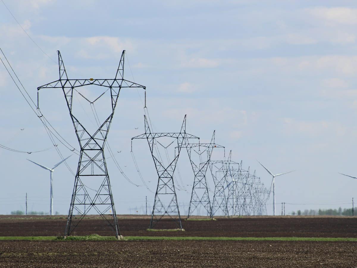 Power lines and wind turbines